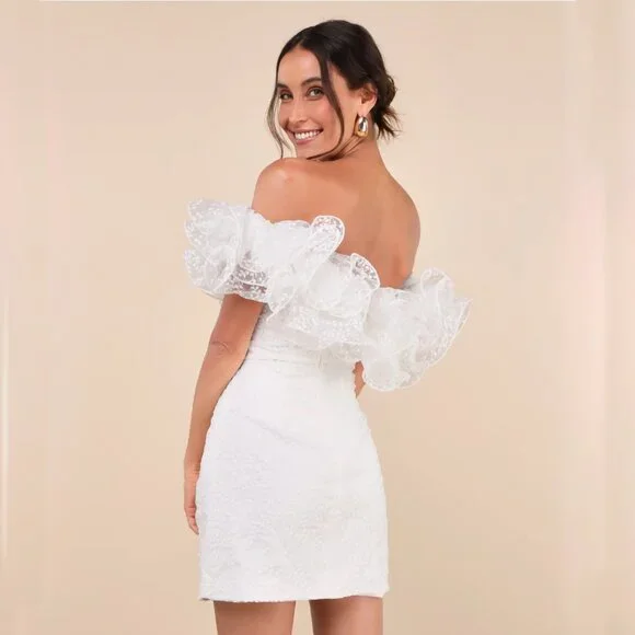 NWT Lulus Angelic Trend White Embroidered Ruffled One-Shoulder Mini Dress - Picture 3 of 5